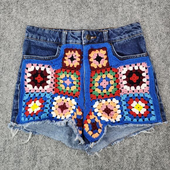 Farm Rio Shorts Womens 27 Ultra High-Rise Crochet Denim Grandma Festival Boho - Picture 1 of 16